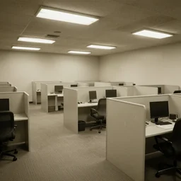 the backrooms : an endless maze of randomly generated office rooms and other environments. it is characterized by the smell of moist carpet, walls with a monochromatic tone of dirty off - white, 1 9 8 0's style carpeted walls and buzzing fluorescent lights % 5 0 working, general sense of run down and abandonment, pee stains on walls