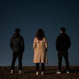 atmospheric long exposure night photograph of three ravers, two men, one woman, woman is in a trenchcoat, blessing the soil at night, seen from behind, people facing fire circle, two aboriginal elders, dancefloor kismet, diverse costumes, clean composition, desert transition area, bonfire, atmospheric night, australian desert, symmetry, sony a 7 r