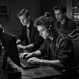 black and white - dark photo of a cyberpunk programmer composed of wires, realistic shaded lighting poster by artgerm, jeremy lipkin and michael garmash and rob rey