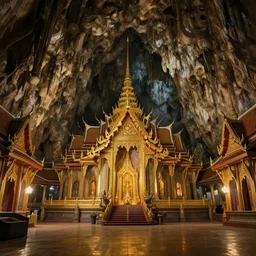 megachurch Thai Buddhist temple, cavernous interior wide shot, ornate gold, dark rich colors, concept artwork by Thomas Cole and Tim Hildebrandt and Greg Rudkowski