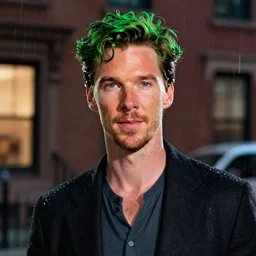 night flash portrait photography of benedict cumberbatch with green hair on the lower east side by annie leibovitz, colorful!!, nighttime!, raining!