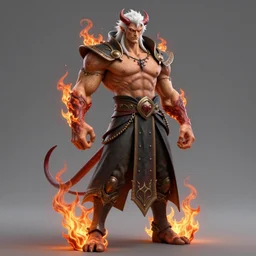 complex 3 d render hyper realistic full length illustration of a handsome! powerful athletically built white haired demon necromancer, asura arms, hell boy, flame god, akuma from street fighter, d & d, dio from jojo's bizarre adventures, broly, medieval fantasy, draconic, character design, intricate, octane render, concept art, resin, 8 k, hd, epic scene, dante's inferno, symmetrical, art by takeshi obata + billelis + hirohiko araki