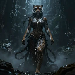 stunning tigress goddess of beauty rising from the void, dark and mysterious, stopped in time, atmospheric, ominous, eerie, cinematic, Epic, 8k, 4k, ultra detail, ultra realistic, rendered by awesomeness