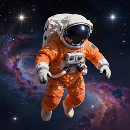 Intricate ultradetailed illustration of an orange astronaut floating in space surrounded by vibrant nebula and stars, trending on artstation