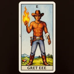 a beautiful dramatic symmetrical tarot painting of a shirtless dark-skinned cowboy holding fire in one hand and new growth in the other | tarot card, art deco, art nouveau | trending on artstation