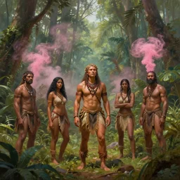 a hyper - detailed 3 d render like an oil painting of tribe members in a tropical forest with pink smoke!!!!! surreal concept art, lifelike, photorealistic, digital painting, aesthetic, smooth, sharp focus, artstation hd, by greg rutkowski, bruce pennington, valentina remenar, rhads, asher duran,