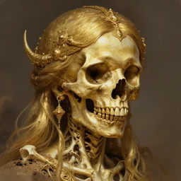 stunning gold goddess of skull portrait, skull, bones, dirt, fantasy, intricate, elegant, highly detailed, digital painting, artstation, concept art, smooth, sharp focus, illustration, art by afshar petros and krenz cushart and artem demura and tony sandoval