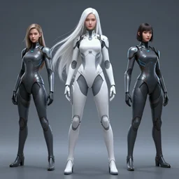 family android women, artgem, scifi, futuristic design, bae suzy, long white hair, full body character design, cinematic lighting, highly detailed, by beeple, goro fujita, smooth gradient.