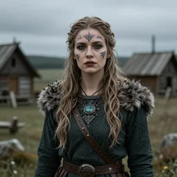 a young female viking seer witch in the village. Seer wears traditional viking markings and makeup. Highly detailed. 8k. Fantasy horror.