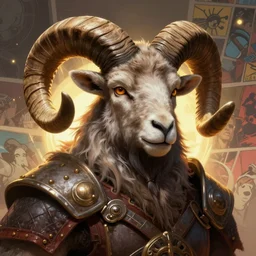 Portrait of an antropomorphic ram warrior, long ram horns and dark brown goatee, fierce and wild look, mattepainting concept Blizzard pixar maya engine on stylized background splash comics global illumination lighting artstation  lois van baarle, ilya kuvshinov, rossdraws