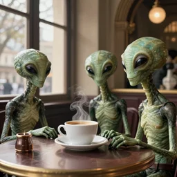 aliens having a cup of coffee on at cafe in paris by norman rockwell