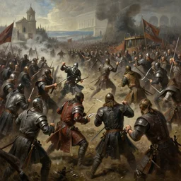 A dramatic painting of a brutal and violent medieval battlefield, armies fighting, concept art, cinematic, hyper detailed, matte painting, Bayard Wu, Greg Rutkowski, Cedric Peyravernay, Anato Finnstark, artstation, 8k