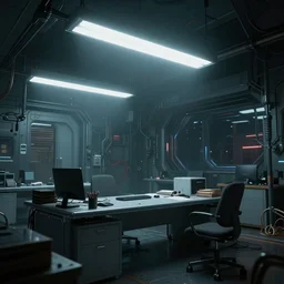 office, horror scene, fluorescent lighting, eerie volumetric lighting, futuristic atmosphere, intricate, detailed, photorealistic imagery, artstation