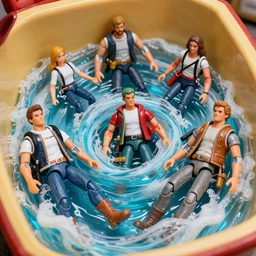 a picture of several GI Joe action figures chilling in a friture like as if they were in a whirlpool