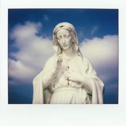 vintage polaroid of white mother mary statue crying blood, pictured close and slightly from below, sky with clouds in background