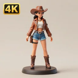 80mm resin detailed miniature of a cow girl, Short brown leather jacket, denim shorts, ten-gallon hat; Product Introduction Photos, 4K, Full body