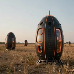 futuristic survival pods in a field, biotechnical design, black and orange colour palette, generative design structure