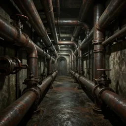 cybperpunk art nouveau underground sewer channel. steel pipes, valves, shadows dim light, steel concrete architecture, 8 k, octane render, unreal engine, concept art, high detail, intricate, eerie, trending on artsstation, alfonse mucha