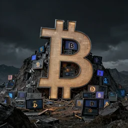 a mountain made out of computer screens that display bitcoin logos, cinematic, post apocalyptic landscape, harsh contrast lighting, in the style of photorealism, made by richard estes