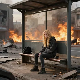 a blonde haired girl wearing a hoodie sitting in a post - apocalyptic city by craig davison and kashin wadim, bus stop, craters, scorching weather, realistic, epic composition