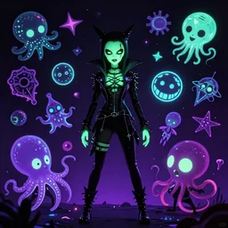CGI lisa frank gothic punk blacklight glow in the dark vampiric rockstar underwater caustics vampire squid background designs of various shapes and sizes by genndy tartakovsky and ruby gloom by martin hsu and the creators of fret nice at pieces interactive and splatoon by nintendo and psychonauts by doublefines tim shafer being overseen by Jamie Hewlett from gorillaz for splatoon by nintendo