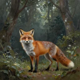 painting of beautiful fox by john howe and james gourney, matte painting, fantasy, forest
