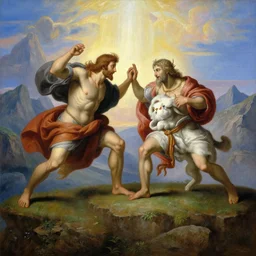 an amazing realistic painting of cain and abel fighting on the edge of a cliff with a divine light in the sky, majestic mountains in the background, painting by roberto ferri, ultra detailed, beautiful art, smooth, elegant, intricate, vibrant, colorful