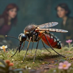 realistic detailed photo rendered in octane 3d , human mosquito with small flowers around and on the side, Weird Dreams, mysticism, by Herman Serrano, late 80's, by Amano, Elizabeth Erickson, Kenny Schar, Robert Colescott painting, art by Takato Yamamoto. smooth shading, ultra detailed, high resolution, masterpiece. rendered in blender, ultra realistic, cinematic, unreal 6