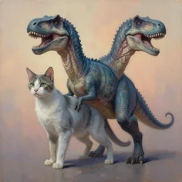 painting of hybrid cat!!! and ( ( ( ( trex ) ) ) ) fused together, intercrossed animal, by zdzislaw beksinski, by lewis jones, by mattias adolfsson, cold hue's, warm tone gradient background, concept art, digital painting