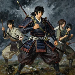 baroque oil painting of key visual great samurai war, rain, storm, final fantasy, fake detail, trending pixiv fanbox, acrylic palette knife, style of makoto shinkai takashi takeuchi yoshiyuki sadamoto greg rutkowski chiho aoshima