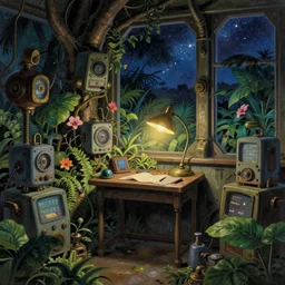 Small desk at night with desklamp inside a steampunk machine room with lush vegetation growing around the machines, tropical trees, large leaves, flowers, beautiful starry night sky showing thought the windows, beatifully lit, hyper detailed painting, hyperrealism, vintage science fiction illustration, Studio Ghibli, Rebecca Guay