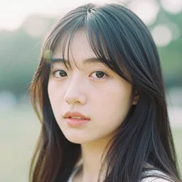 analog close up frontal face portrait photography of a beautiful woman outside surrounded by bokeh. zeiss 3 5 mm lens. kodak portra 4 0 0 film photography. pastel lighting. soft colors. popular on instagram depth of field. detailed. hq. realistic. filmic. dreamy. lens flare