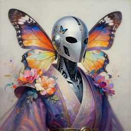 portrait of a divine helmet sleek robot designed by apple dressed in mesmerizing robes and helmet, facemask, butterfly wings, runes, butterfly, mystical, ethereal, magical colorful flowers, concept art painting by greg rutkowski and david a. hardy