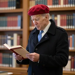 joe biden wearing a black peacoat and a red beret, reading in a library, dean cornwell