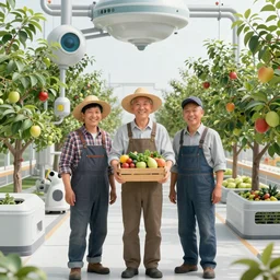 portrait of symmetrical friendly farmers, with detailed realistic smiling faces, harvesting an orchard inside a space-station, with fruit trees, surrounded by advanced elegant machinery, a galaxy and stars visible through the glass domed roof, insanely detailed and biomechanical, golden ratio, elegant, streamlined, elite, lush, atmospheric, volumetric lighting, haunting, wide angle, cinematic, trending on cgsociety, unreal engine, 8k, vivid and vibrant
