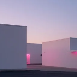 minimalist white buildings with pink neon lights at sundown