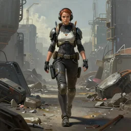 realist painting of a female titanfall pilot walking across a cyberpunk wasteland, symmetrical face details, League of Legends Character Splash Art, ultra realistic, very highly detailed, 8K, octane, Digital painting, concept art, illustration, rule of thirds, sharp focus, centered, Zdzisław Beksiński