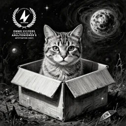 abstract drawing of Schroedinger's cat in a box, the universe on the background, horror, fantasy drawing, high resolution, high contrast, procreate, artstation contest winner