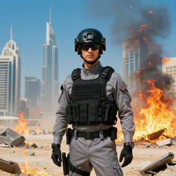 special forces in grey uniforms black armored vests and black helmets in burning devastated dubai skyline, epic, by victo ngai, kilian eng vibrant colours, dynamic lighting, digital art, winning award masterpiece, fantastically beautiful, illustration, inspired by beksinski and dan mumford, trending on artstation, by greg rutkowski, 8 k