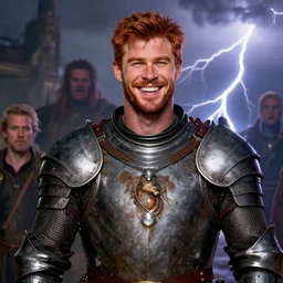 stunning portrait of ( ( ( laughing ) ) ) ( ( ( ( red haired chris hemsworth ) ) ) ) as destruction from sandman looking like kristofer hivju!!, medival armour!!, by jeremy mann, by frank moth, by jeff easley, by alphonse mucha, dave mckean, thunder & lightning, soft lightning, high detailed, 8 k