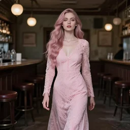 cinestill 5 0 d wide portrait of a dreamy dystopian beautiful woman by annie liebovitz walking in a decrepit communist bar, long hair, wearing long lace, elegant, highly detailed, pale pink matt, soft blur, artstation, sharp focus, head in focus