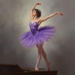 brunette fairy woman stretching, wearing purple romantic tutu, standing on top of a piano, d & d, fantasy, highly detailed, digital painting, trending on artstation, concept art, sharp focus, illustration, art by artgerm and greg rutkowski and magali villeneuve