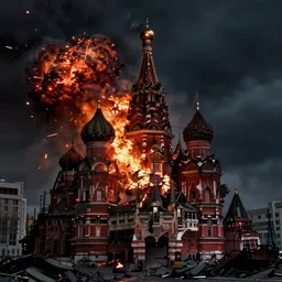 Moscow in fire, abandoned, ruined, realistic, explosions, dark, cinematic, 8k render, full HD