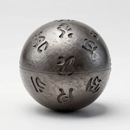 an iron ball with weird symbols engraved on it, the ball is on a pedestal. the light enter the room by a hole in the ceiling. anne rice.