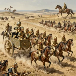 cavalry charge against assyrian chariots, african steppe, intricate, elegant, highly detailed, digital painting, artstation, concept art, smooth, sharp focus, illustration, orientalism, bouguereau, rutkowski, mucha