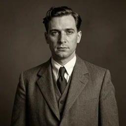 photorealistic sepia portrait of a 1 9 2 0 s plain - looking, almost commonplace, unassuming man, in his mid - thirties. he wears a plain grey suit, a typical 1 9 2 0 s - style haircut, by larry elmore, atmospheric lighting, dark, brooding, painted, intricate, ultra detailed, well composed, best on artstation, cgsociety, epic, stunning, gorgeous, intricate detail, much wow, masterpiece, cinematic aesthetic octane render, 8 k hd resolution,