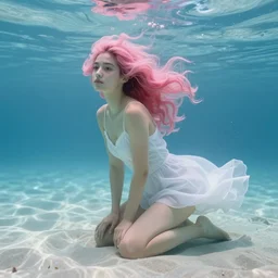 woman kneeling on the sand, pink wavy hair, white dress, uderwater, digital art by Dan Mumford and Peter Mohrbacher, highly detailed, trending on ArtStationHQ