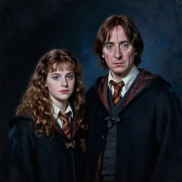 A portrait of Severus Snape nd Lily Evans, dark, blue light, black gradient background, oil painting