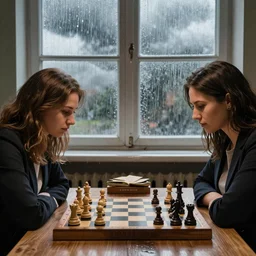 two women playing chess in Ukraine. its raining outside and thundering window is visible. intricate portrait. 8k. wide shot. photography