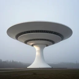 flying saucer sculpture, foggy, sovietic architecture, minimalistic, oscar niemeyer